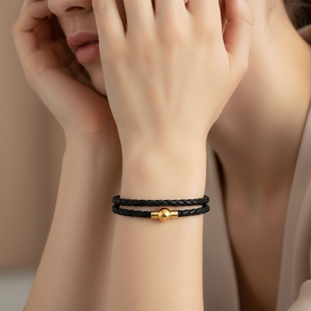 Linx Double Black Leather Braided Cord Bracelet with Gold Magnetic Clasp
